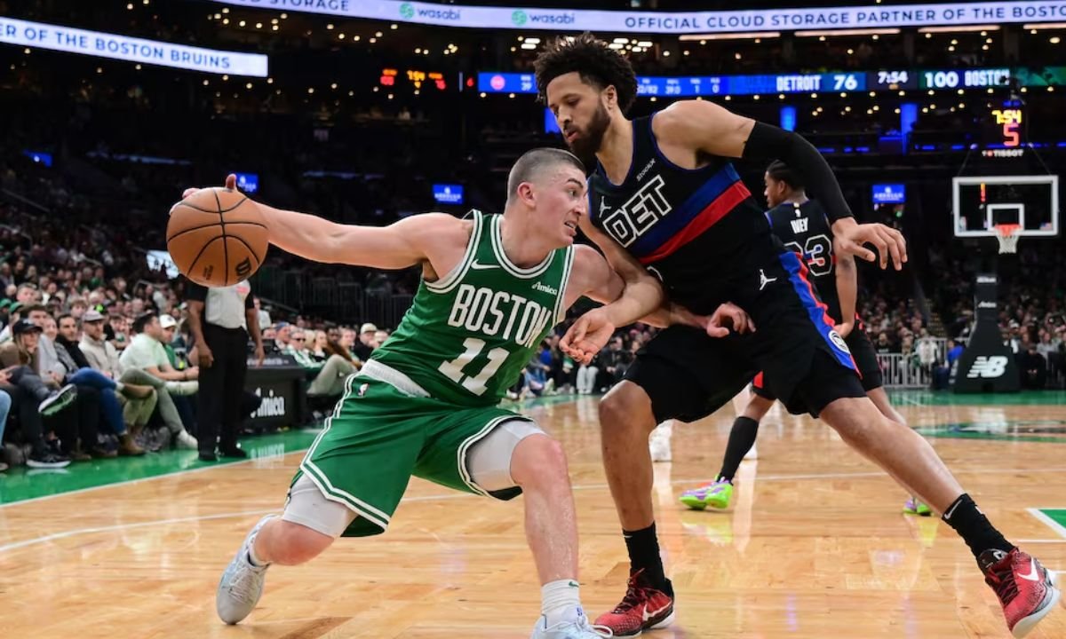 Celtics defeat Pistons for 12th consecutive win in NBA matchup.